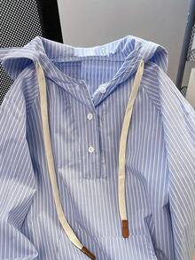 Women's Japanese Style Blue & White Striped Hooded Shirt Jacket - Elegant Loose Fit Long Sleeve Casual Outerwear, Spring/Autumn Versatile Design With Drawstring, Machine Washable - Blue - View 3