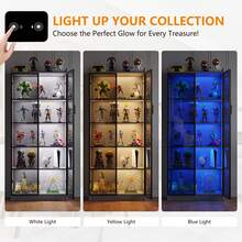 Display Cabinet With Adjustable Shelves, 65" Tall Bookcase With LED Lights/Human Sensor, 5 Tier Display Case For Collectibles Bedroom Living Room Office, Black - Transparent Acrylic Doors - Xem 5