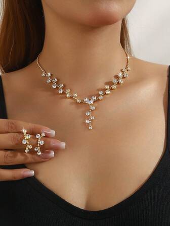 3pcs Zirconia Embellished Luxurious & Versatile Necklace & Earrings Set, Suitable For Women's Daily Commute, Wedding, Party, Holiday Gift