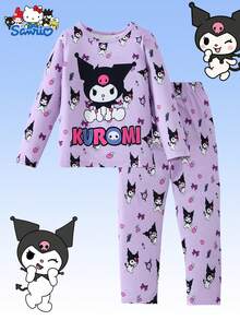2pcs SANRIO Kuromi Print Girls Outfit, Includes Long Sleeve T-Shirt And Pants, Comfortable Fabric, Suitable For Casual, Home, Holiday, Halloween, Christmas Gifts