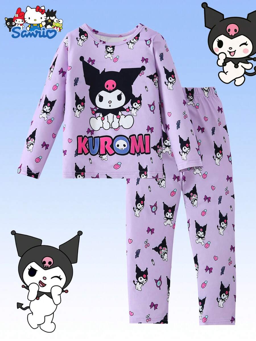2pcs SANRIO Kuromi Print Girls Outfit, Includes Long Sleeve T-Shirt And Pants, Comfortable Fabric, Suitable For Casual, Home, Holiday, Halloween, Christmas Gifts