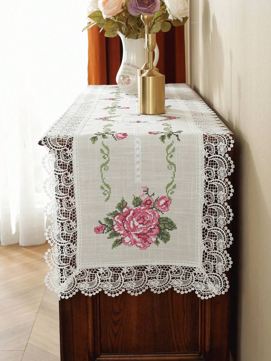 Polyester Linen Natural Table Runner, Pink Rose Cross-Stitch Embroidery, Double-Sided Wavy Hollow Crochet Lace Edge, Vintage Botanical Style Dining Table Coffee Table Tablecloth, Wedding Farmhouse Home Kitchen Decor - Multicolor - View 1