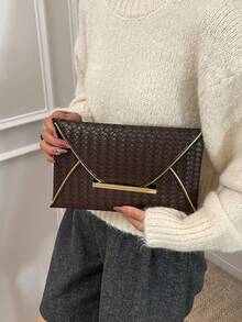 1个PU皮革纯色编织纹理女士日常信封式手拿包，简约优雅，节日礼物 - 咖啡 - 查看 3