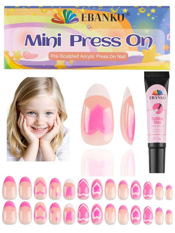26 piezas de uñas falsas para niños, Juego de arte de uñas EBANKU con pegatinas de uñas en forma de corazón rosa para niñas, uñas artificiales