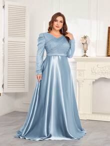 hezixi High-Quality Stretchy Sequin V-Neck Puff Sleeve Fitted Mermaid Hem Design, Plus Size Solid Color Elegant Luxury Maxi Dress, Makes Women Look More Youthful And Charming, Suitable For Various Parties, Graduations, Weddings, Events, Banquets And Balls, Women's Formal Ball Gown (Deluxe Edition) - Baby Blue - View 10