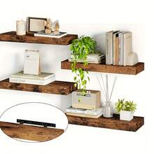 Senmeo Rustic 4pc Floating Shelves (Natural Wood Finish), Handcrafted + Invisible Brackets For Home - Black - View 5