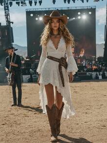 2025 Women's New Retro Western Style Music Festival Lace Irregular Lace Skirt - Pearl White - 查看 1