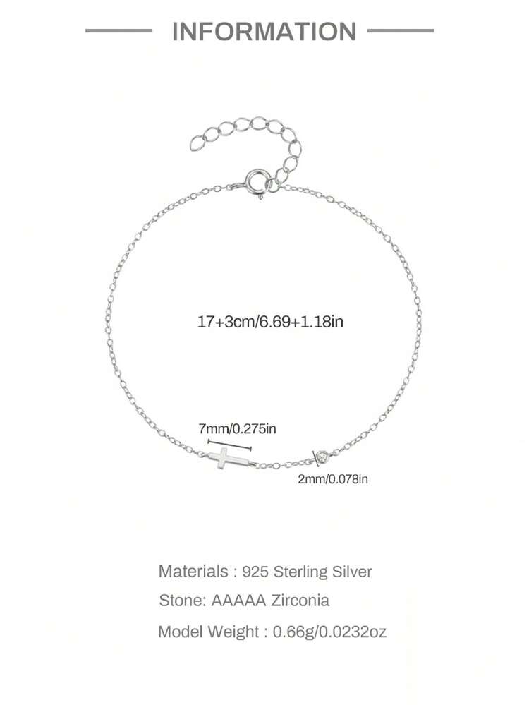 1 pieza Pulsera de plata de ley 925 con cruz clásica y circonita cúbica conectada para mujer, para uso diario, fiestas y cumpleaños - Plateado - Añade 4
