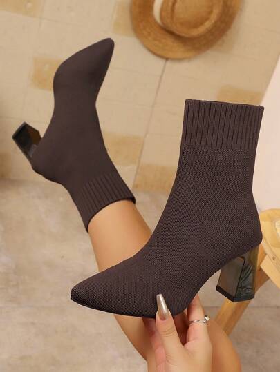 Damen modische, bequeme, vielseitige Spitzschuh-Slip-On Stiefel Einfarbig, knöchelhoch, elastisch, Reitstiefel, Herbst/Winter