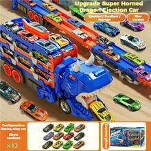 一套恐龙玩具车运输储物轨道卡车，包含12辆合金小车，适合3-8岁男孩，新年礼物。恐龙卡车可变形猛禽发射器卡车，可折叠轨道变形货车，儿童玩具生日礼物，男孩礼物，双轨道儿童玩具车。