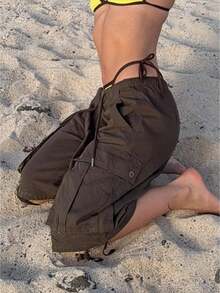 Baggy Cargo Pants For Women High Waist Wide Leg Baggy Shorts Y2K Casual Athletic Lightweight Hiking Capri Shorts With Pockets - màu nâu - Xem 10
