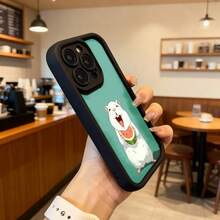 Cubierta de teléfono con borde negro y fondo verde claro con diseño de hámster blanco comiendo sandía para uso diario en cafeterías y espacios urbanos Aplicable a los teléfonos de la serie Apple y Galaxy - Negro - Ver 6