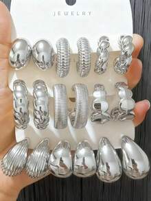 Set de 6-18 piezas de aretes de tono plateado surtidos, diseño único vintage, textura metálica, versátil y de nicho, accesorio de moda imprescindible - Plateado - Ver 7