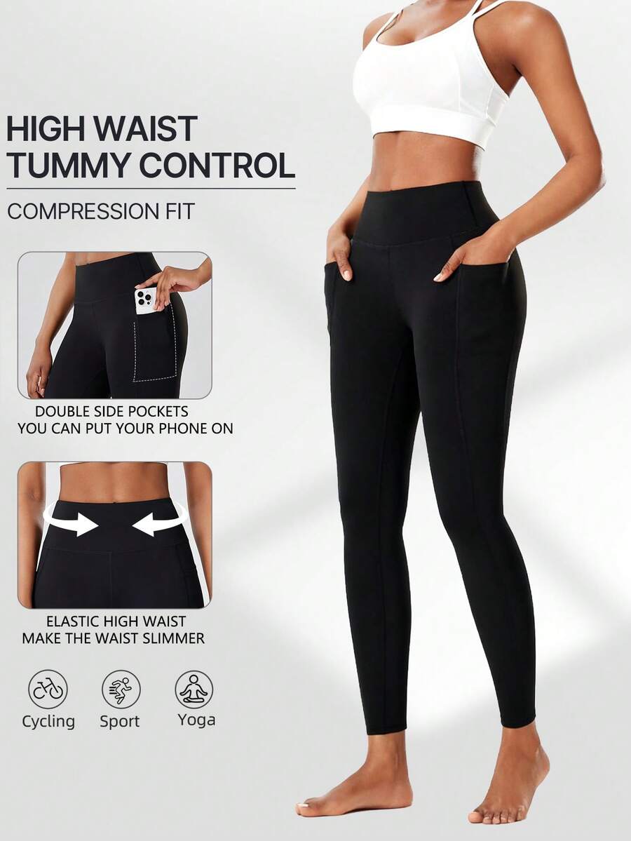 4-Season Women's Solid Color Skinny Pants With Side Pockets, High Elasticity Quick-Dry Breathable Leggings For Running, Workout, Pilates, Yoga, Fitness, Cycling, Outdoor Activities - Black - View 1