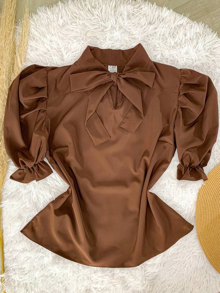 Blusa Feminina Manga bufante Com Laço MODA EVANGÉLICA N-10 - marrom - Visão 1