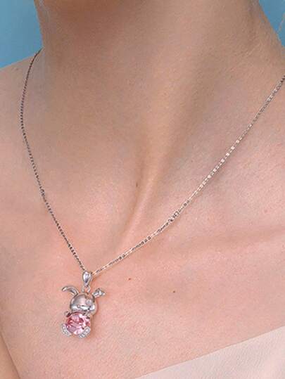 1pc 2025 Fashion Necklace S925 Sterling Silver Cartoon Pendant Necklace Rabbit, Unicorn With Sparkling Pink Crystal Cute Jewelry For Girl, Women And Lady Suitable For Birthday Party Christmas Gift