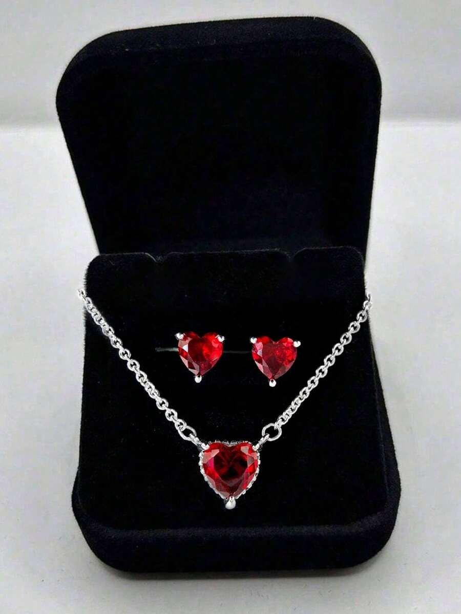1Set 925 Sterling Silver Red Heart-Shaped Full Diamond Necklace Ring & Earring Set For Women Fine Jewelry Gift
