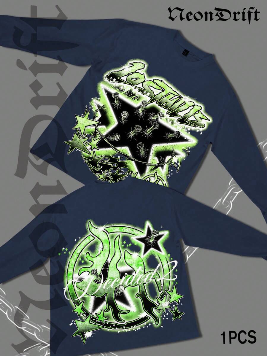 NeonDrift Double-Sided Printing Halloween, Christmas, Thanksgiving Gifts-Glowing Neon Graffiti T-Shirt - Vibrant Green Design For Urban Streetwear Enthusiasts, Perfect For Festivals And Nightlife, Graphic Tee With Bold Artwork - 藏蓝色 - 查看 1