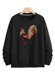 Sudadera para hombre estilo urbano oriental con bordado de gallo, algodón premium, corte holgado, cuello redondo, manga larga, para otoño e invierno, ideal para ocasiones casuales y reuniones - Negro - Ver 1