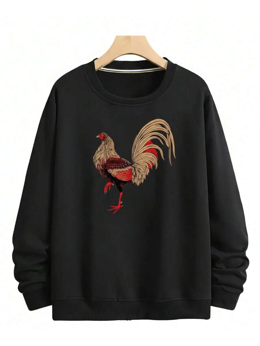 Sudadera para hombre estilo urbano oriental con bordado de gallo, algodón premium, corte holgado, cuello redondo, manga larga, para otoño e invierno, ideal para ocasiones casuales y reuniones - Negro - Ver 1