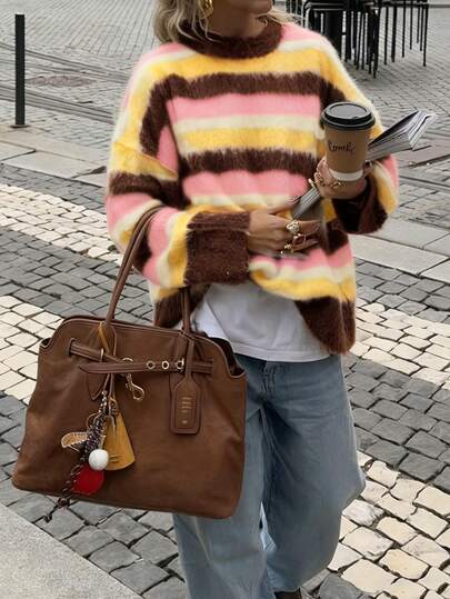 Suéter casual de mujer de manga larga con cuello redondo, contraste de color y rayas, material de lana, nueva moda de nicho de otoño/invierno 2025