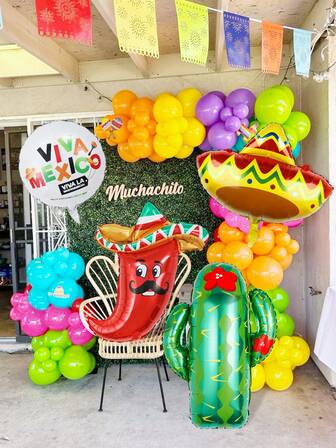 4/96件套墨西哥气球花环套装，包含仙人掌、辣椒、墨西哥帽、墨西哥铝箔气球、黄色、橙色、蓝色、绿色、紫色、粉色乳胶气球，适用于墨西哥主题派对装饰、塔可派对、夏威夷风情塔可派对装饰、生日派对、周年纪念、墨西哥节日主题背景装饰。