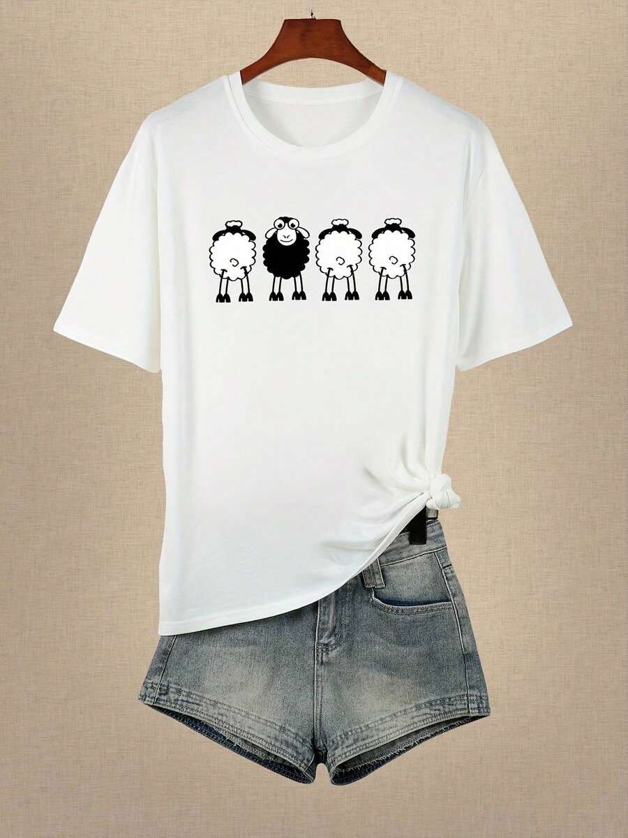 Camiseta 100% algodón elegante de manga corta y cuello redondo para mujer con estampado de caballo y murciélago espeluznante - Top casual suave y ajustado para Halloween, ropa casual, fiestas temáticas - Lavable a máquina, comodidad para todas las estaciones, con diseño gráfico