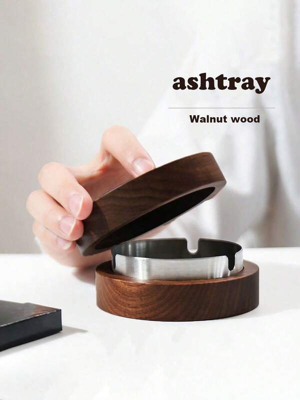 1pc Walnut Wood Desktop Ashtray, Walnut Color Solid Wood Ashtray With Stainless Steel Windproof Lid, Office/Home Living Room Smoking Accessory, Anti-Flying Ash Creative Office, Round Wooden Design, Back To School Season