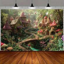 Enchanted Forest Fairy Tale Backdrop - Whimsical Cottage Scene With Vibrant Flowers & Mushrooms  Perfect For Christmas &  Holiday Decor  Polyester Material  No Electricity Needed  Multiple Sizes Available  Holiday Decor Backdrop | Enchanted  Forest Design | Durable Decor Fabric  Christmas Decorations - Multicolor - View 5