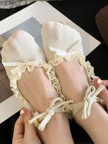 1pair White Ballet Shoes Socks For Women With Lace Tie Short Socks,Japanese Style, Fall - White - View 3