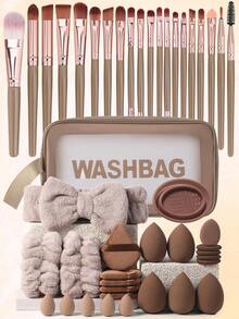 45 Stücke All-in-One Make-up-Werkzeugset mit 20 professionellen Make-up-Pinseln, wasserdichter Kosmetiktasche mit Reißverschluss, 5 normalen & 5 Mini-Make-up-Schwämmen, 5 dreieckigen Puderquasten, 5 Mini-Air-Cushion-Puffs, Haarring, Handgelenkschlaufen & Pinselreiniger 3/20/45 Stücke - Kaffeebraun - Übersicht 1