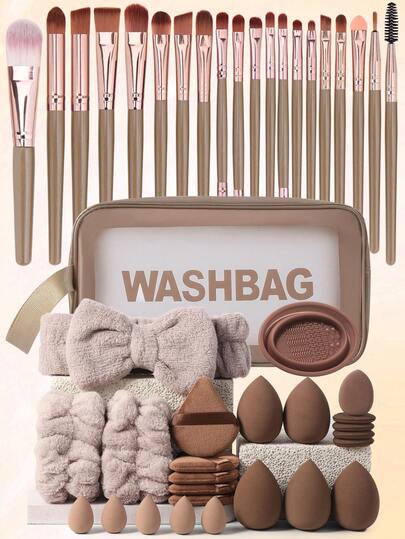 45PCS All-In-One Makeup Tool Set 20 Professional Makeup Brushes Waterproof Zipper Cosmetic Bag 5 Regular & 5 Mini Makeup Sponges 5 Triangular Powder Puffs 5 Mini Air Cushion Puffs Hair Ring Wrist Straps & Brush Cleaner3/20/45pcs