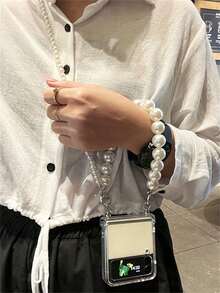 New Stylish Pearl Crossbody Shoulder Strap Chain Lanyard Folding Phone Case Compatible With Samsung Galaxy Z Flip7 Flip6 Flip5 Z Flip 4 3 Luxury Anti-Drop Protect Clear Back Cover - Clear - View 3