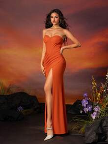 VIPGIRL Orange Strapless Slit Elegant Bridesmaid Dress - Orange - View 4