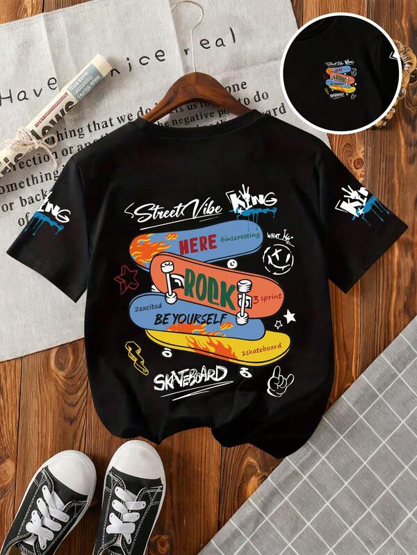 Young Boy Letter & Skateboard Print Round Neck Short Sleeve Casual T-Shirt