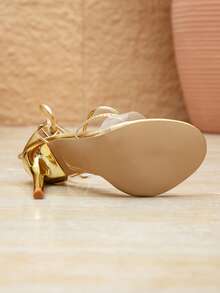Sandalias de tacón de aguja con cordones y punta abierta para mujer, adecuadas para fiestas, banquetes, el trabajo y otras ocasiones, atuendos de primavera y verano - Dorado - Ver 7