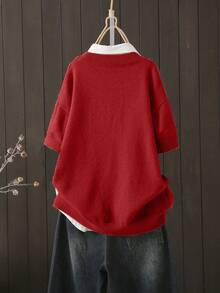 Plus Size Colorblock Casual Pullover Sweater, Autumn/Winter Spring - Red - View 2