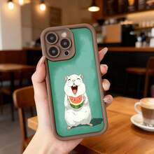 Cubierta de teléfono con borde negro y fondo verde claro con diseño de hámster blanco comiendo sandía para uso diario en cafeterías y espacios urbanos Aplicable a los teléfonos de la serie Apple y Galaxy - Negro - Ver 4
