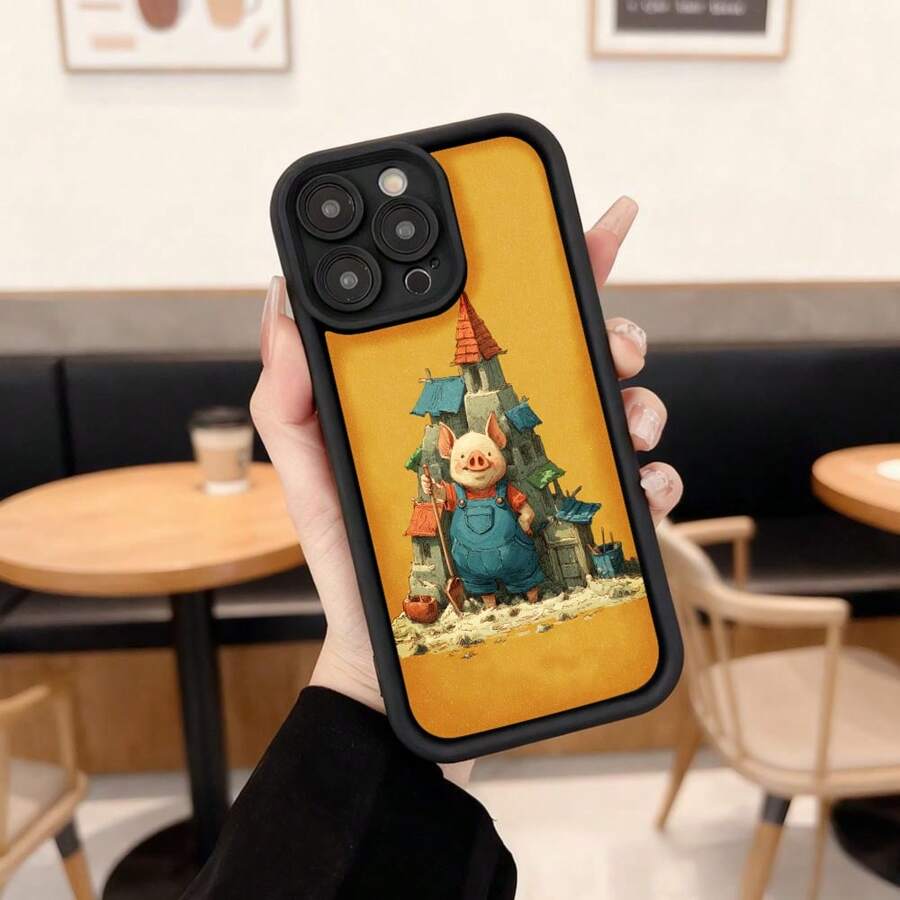 Cubierta de teléfono con borde negro y diseño amarillo con cerdo en casa de madera para uso diario en cafeterías Aplicable a los teléfonos de la serie Apple y Galaxy - Burdeos - Ver 1