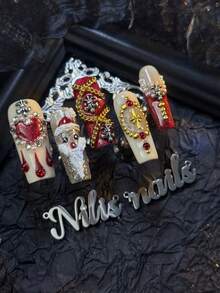 10pcs Handmade Nail AcrylicPress On Nails Long Square ChristmasNails, Red Cat's Eye&Gold Snowflake Style (Christmas) Element Theme, Handmade Santa Claus&Deer&Heart 3 D With Rhinestone Pearls&Bow And Other Nail Accessories, Acrylic Nail Supplies Are Suitable For Christmas&New Year Festivals, Daily, Gatherings,Parties, And Are Great Gifts For WomenAnd Girls,Equipped With 1 Jelly Pad And 1 Nail File - Burgundy - View 5