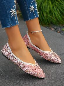 Giày bệt mũi nhọn đính sequin thời trang mới cho mùa xuân/thu cỡ lớn EU size 35-45, thanh lịch, đa năng và thoải mái, phù hợp để mặc hàng ngày với váy - Nền móng-Kim sa vàng - Xem 3