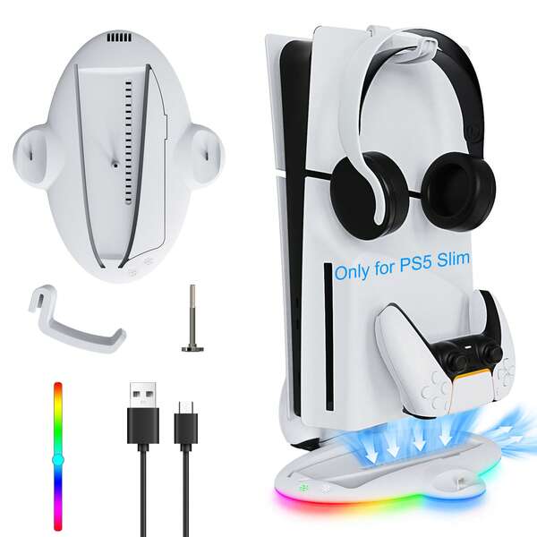 Ventilador de Resfriamento para Console P5 SLIM, Ajuste de 3 Velocidades (Compatível com Versões Digitais e de Disco), Controle Touch, Suporta Carregamento de Dois Controles Simultaneamente, Iluminação RGB de 7 Cores com 2 Modos, Base Fixa Antiderrapante com Todos os Acessórios, Gancho para Fone de Ouvido, Cabo de Carregamento