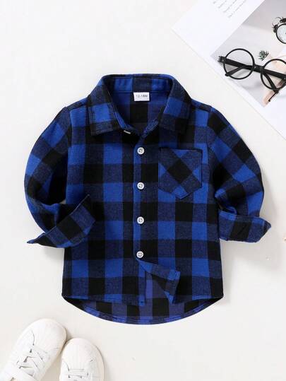 Baby Boy Cute Plaid Printed Shirt With Pocket Patch, Soft And Comfortable Gentleman Style, For Christmas