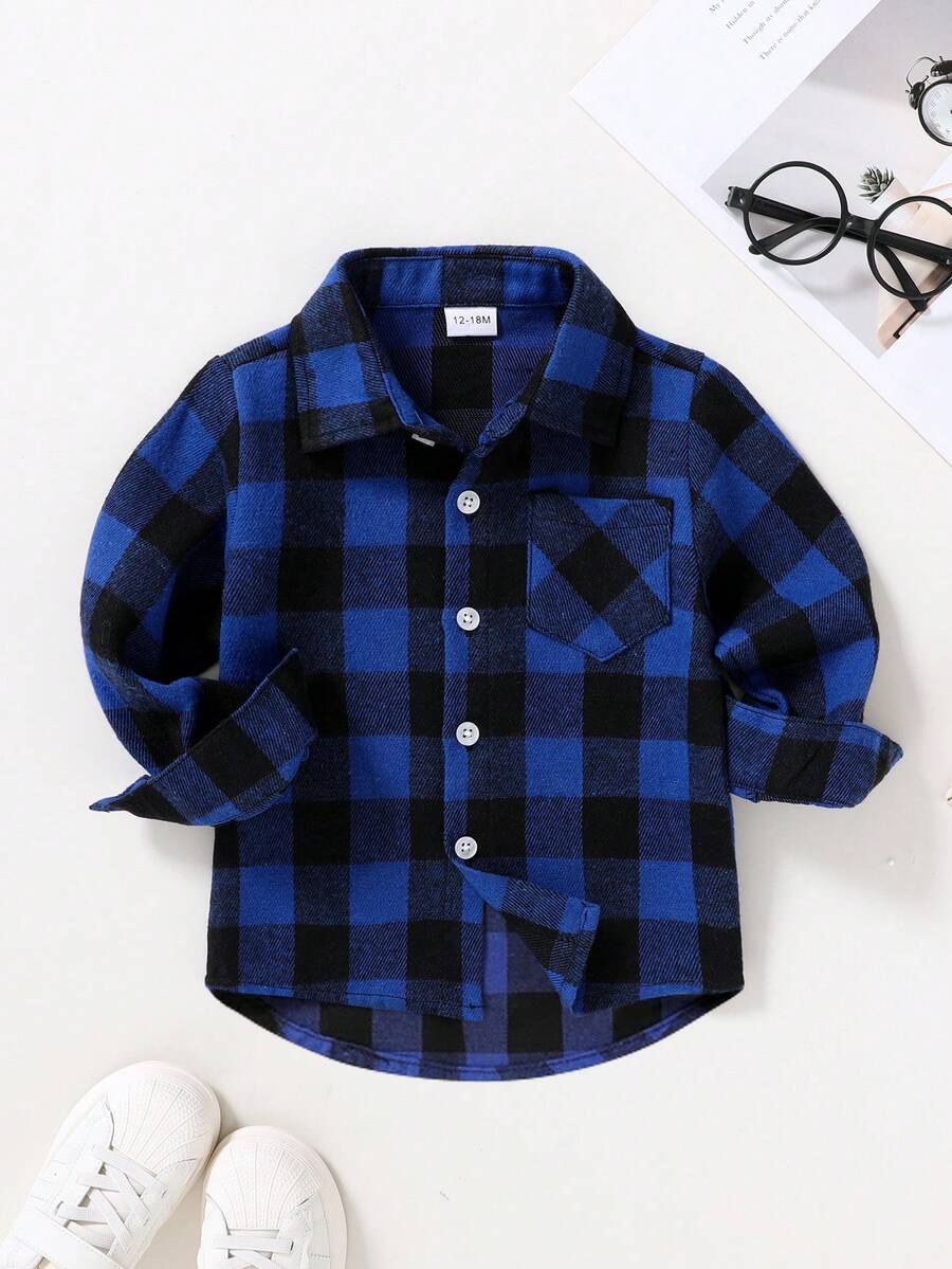 Baby Boy Cute Plaid Printed Shirt With Pocket Patch, Soft And Comfortable Gentleman Style, For Christmas
