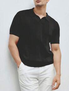 Men's Casual Summer Polo Top With Stripes And Patchwork Knit, Men's Summer Polo Top, Solid Color Short Sleeve Knit Sweater For Men, Summer Fashion - màu đen - Xem 1