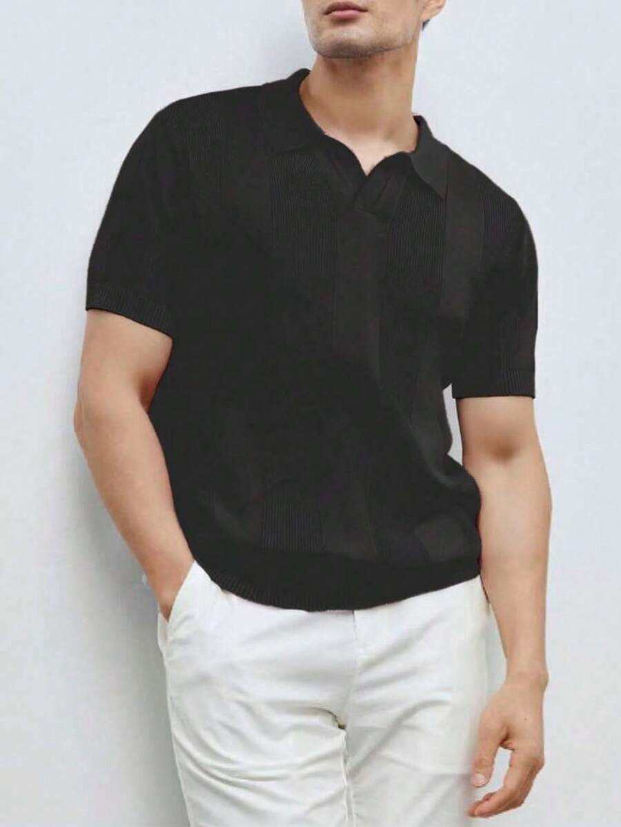 Men's Casual Summer Polo Top With Stripes And Patchwork Knit, Men's Summer Polo Top, Solid Color Short Sleeve Knit Sweater For Men, Summer Fashion - màu đen - Xem 1