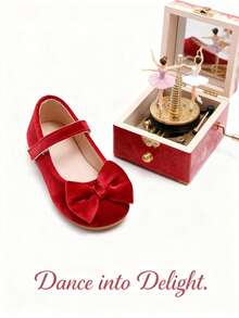 1 Pair Fashionable Burgundy Children's Flat Shoes, Velvet Bow Hook And Loop Design, Suitable For Different Occasions And All Seasons, Perfect For Gifts And Dancing - Burgundy - View 8