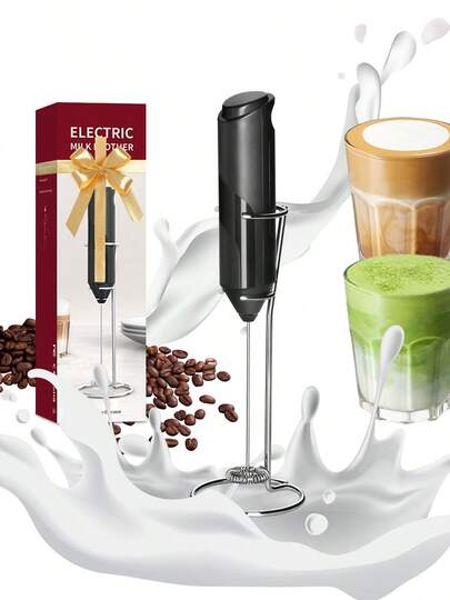 Electric Milk Frother With Adjustable Speed, Handheld Foam Maker For Lattes, Matcha & Protein Shakes. Battery Powered, Detachable Double Whisk, Stand Included