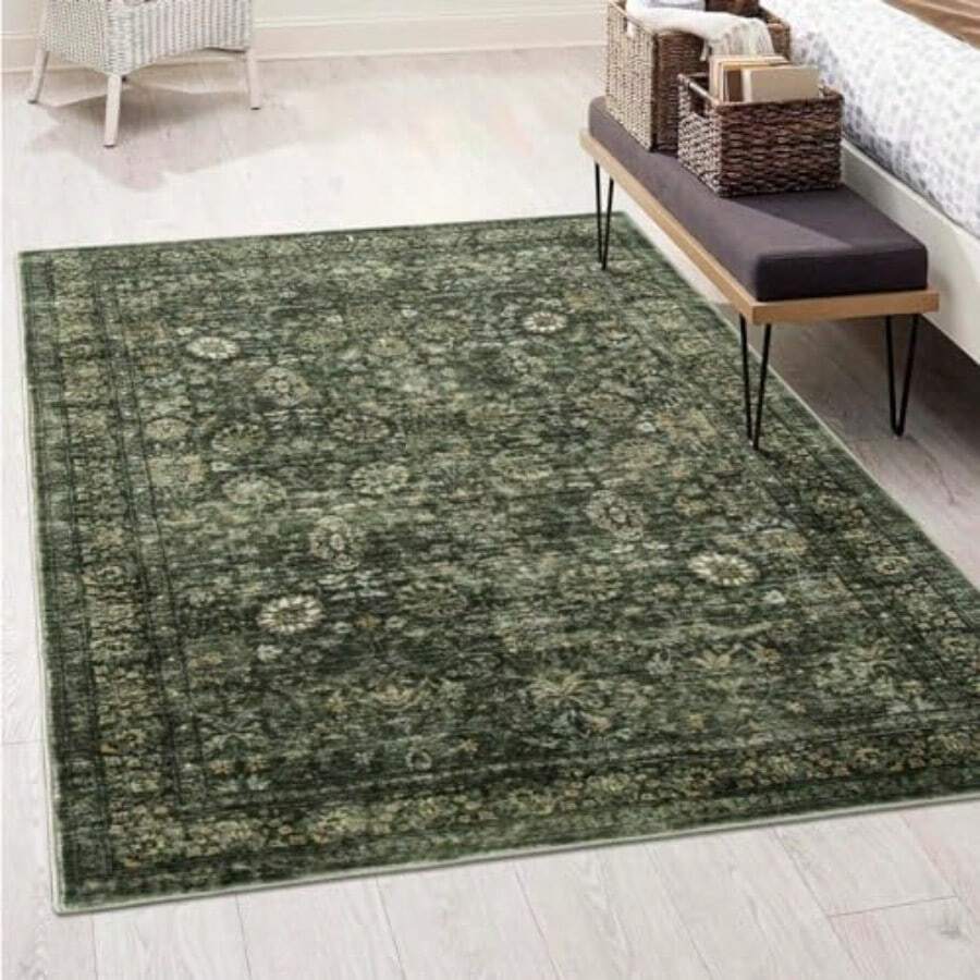 Morebes - Alfombras de área verde lavables 4 x 6 pulgadas estilo clásico bohemio para recámara piso interior suave antideslizante no desprende pelusa alfombra para sala de estar cocina - verde oscuro multicolor - Ver 1