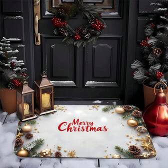 1Pc Modern Christmas Mat With Golden Pinecones & Red Berries - Plush White Holiday Doormat, Non-Slip Rubber Backing For Indoor/Outdoor Entryway, Soft For Xmas, New Year, Winter (Golden Ornaments)
